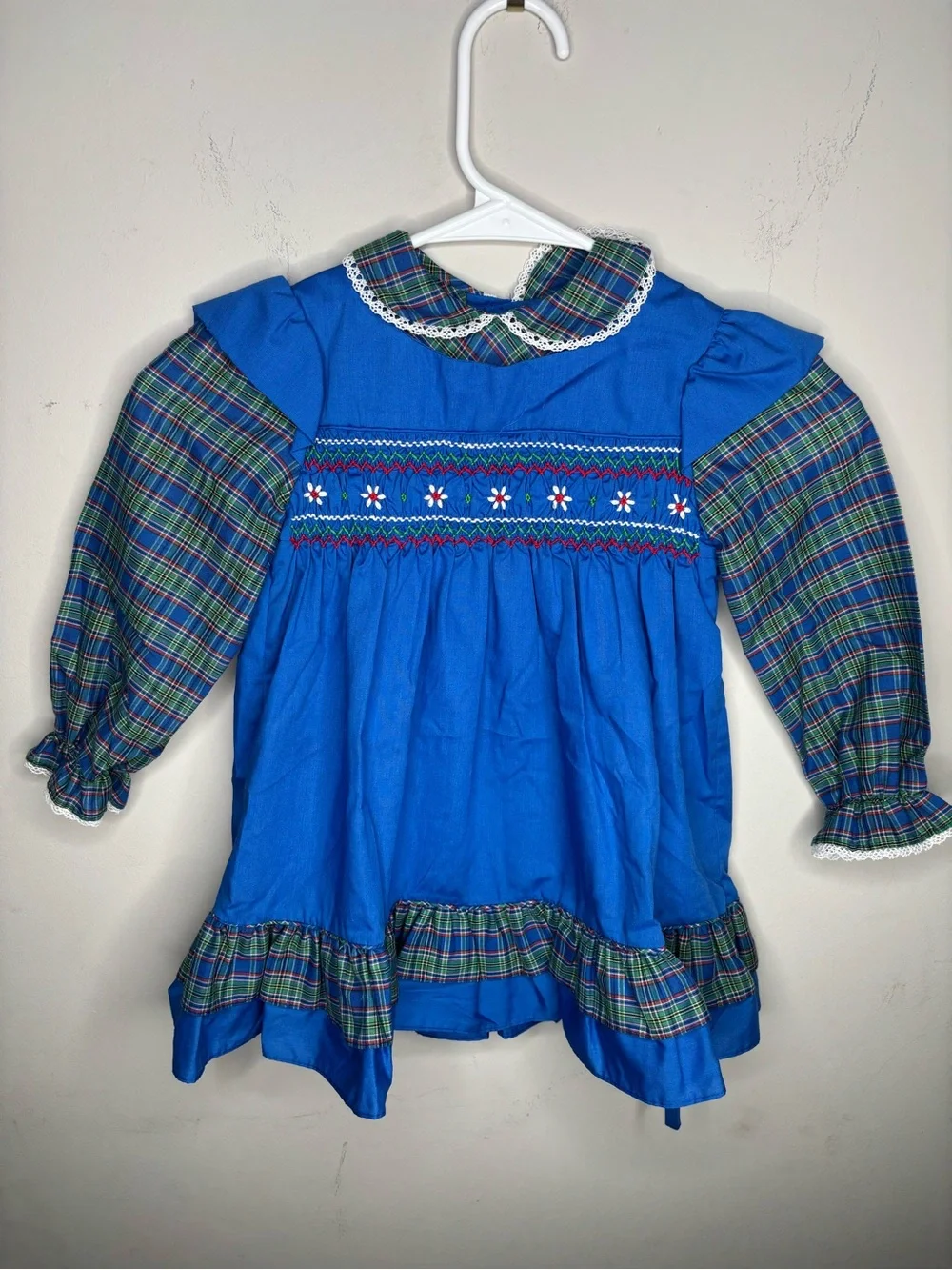 Vintage Polly Flinders Smocked Blue Plaid Dress Suze 4T